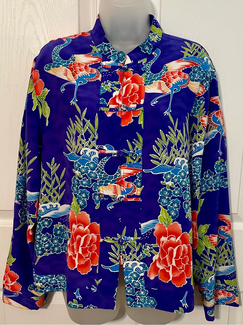 VINTAGE SILK TUNIC Chico's Design Blue Sakura Floral Blossom Japan Sz Large (2)